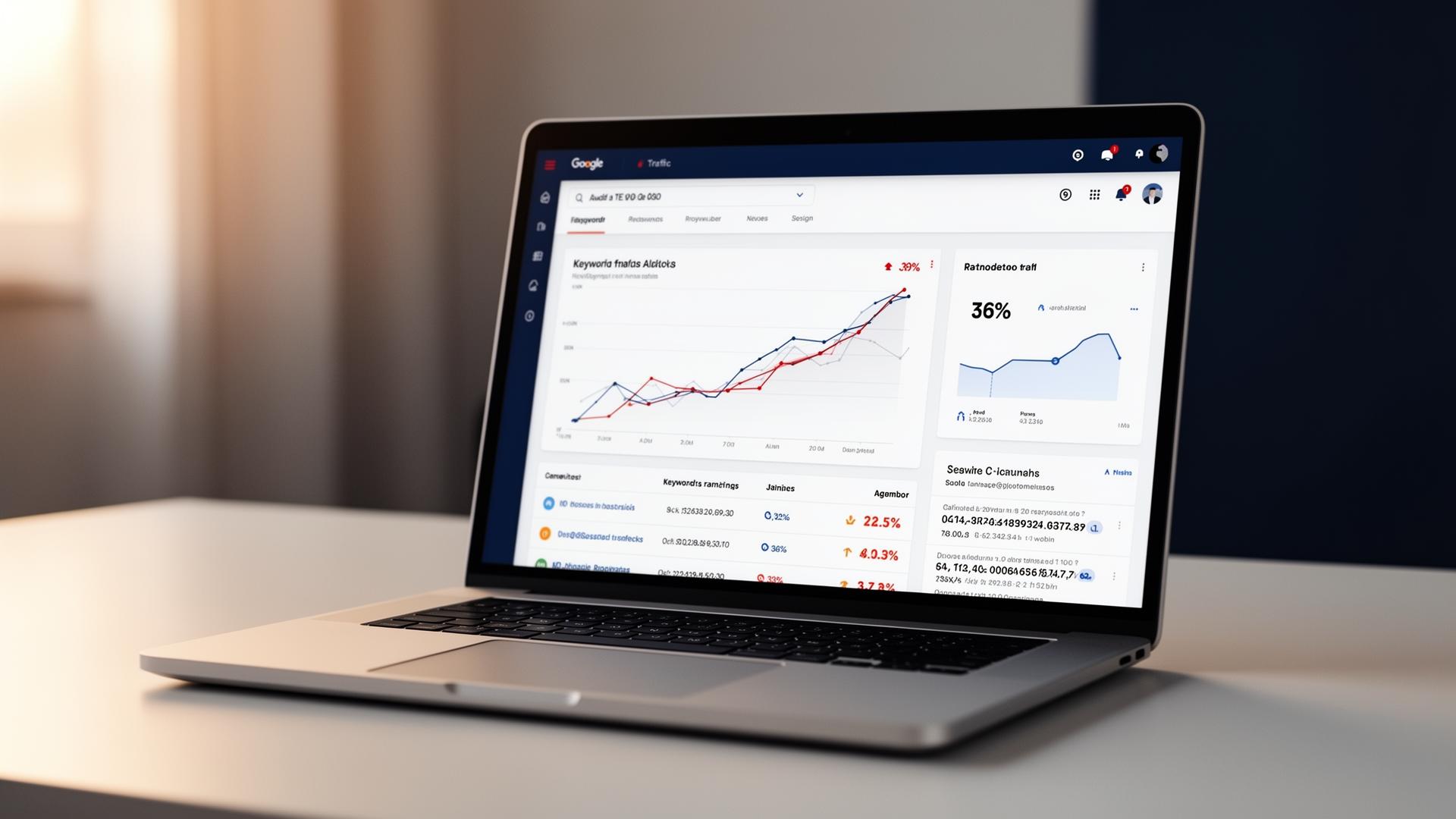 SEO analytics dashboard showing rising organic traffic and keyword rankings