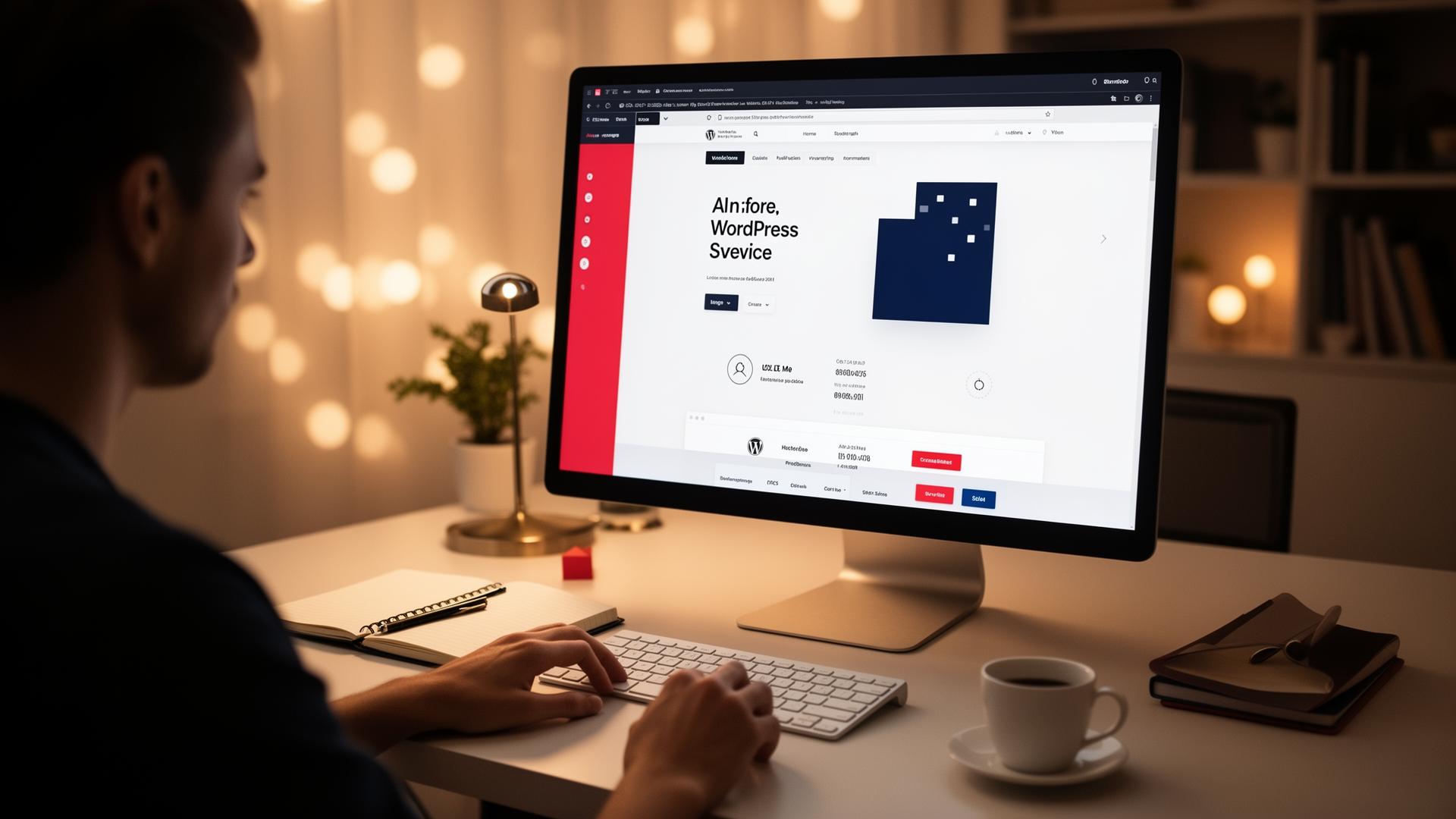 Designer crafting a custom WordPress website on a large monitor